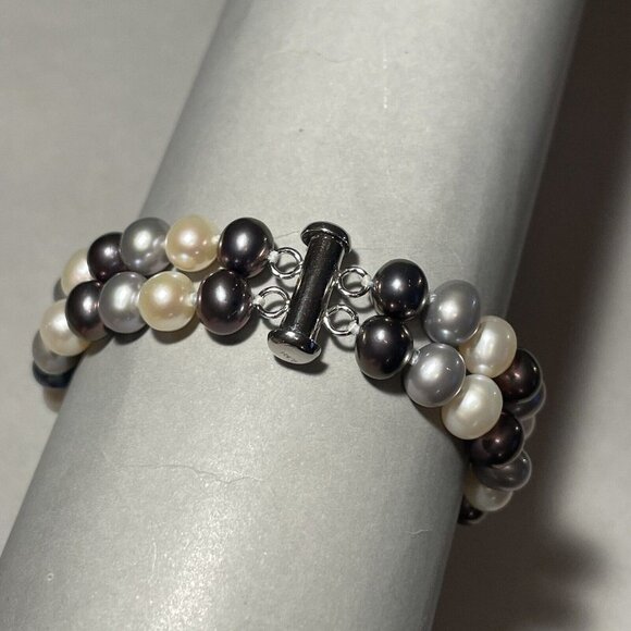 Pearl Double Strand Multicolor Pearl Knotted Bracelet Sterling Silver - Picture 3 of 6